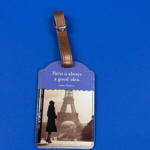 Purple Paris Quote Luggage Tag with Brown Strap
